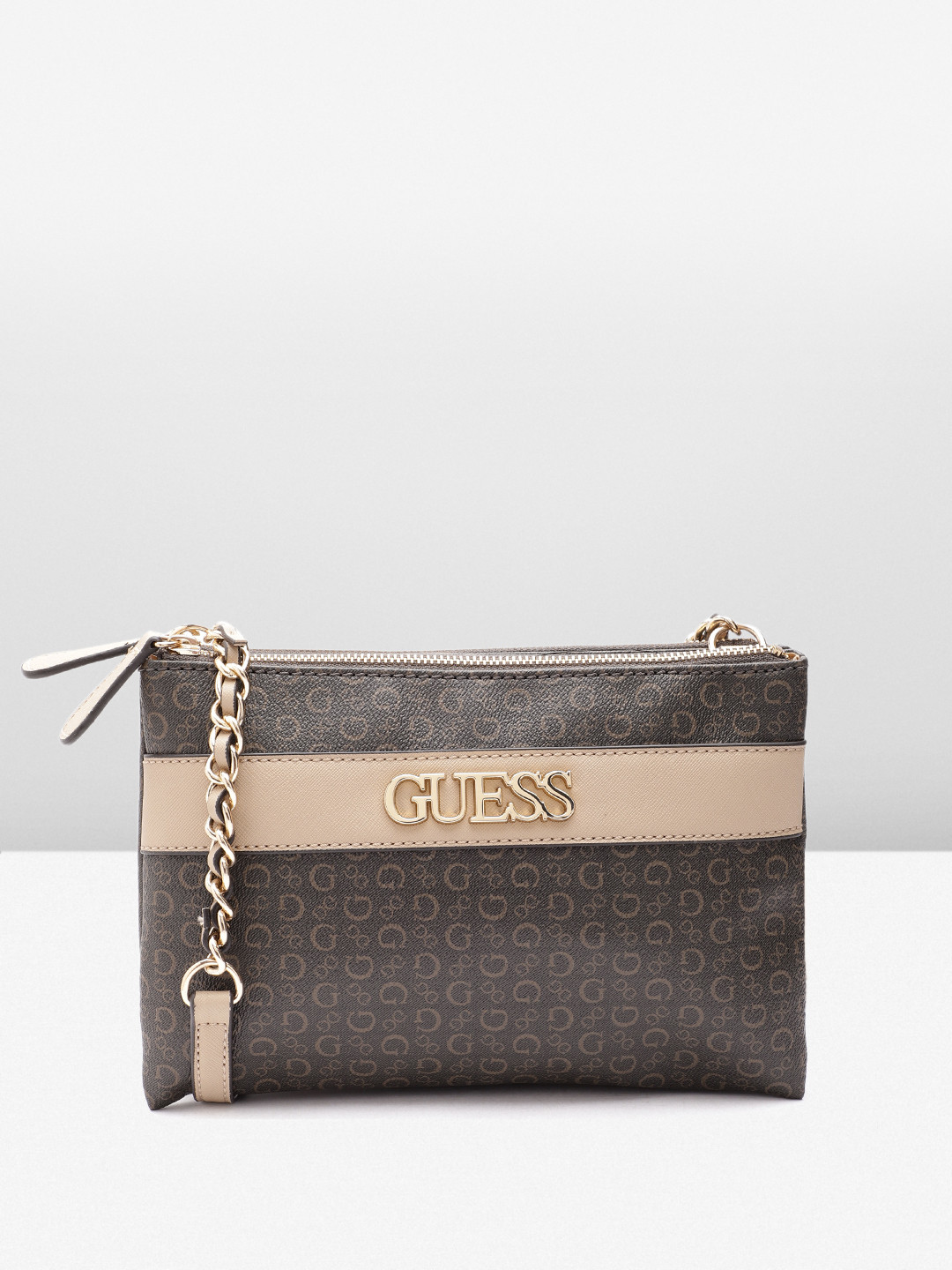 

GUESS Women Brand Logo Printed Structured Sling Bag, Brown