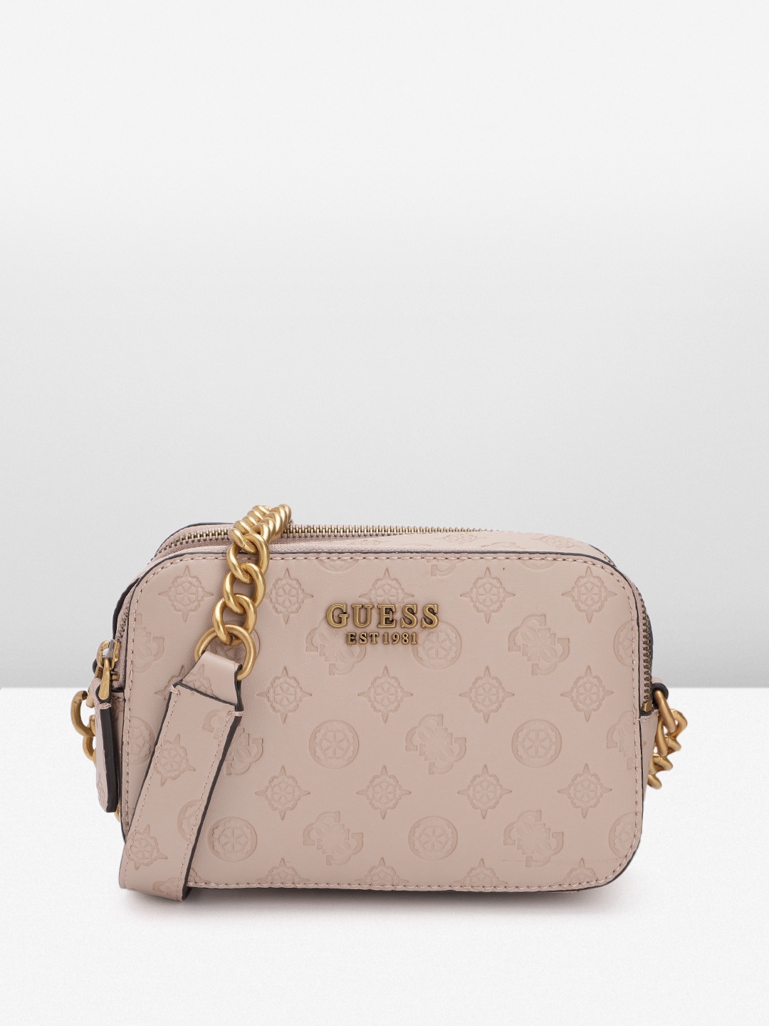 

GUESS Women Brand Logo Textured Structured Sling Bag, Beige