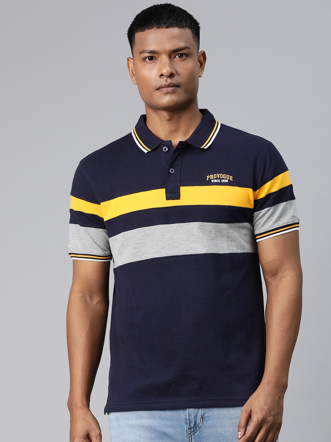

Provogue Men Striped Polo Collar T-shirt, Navy blue