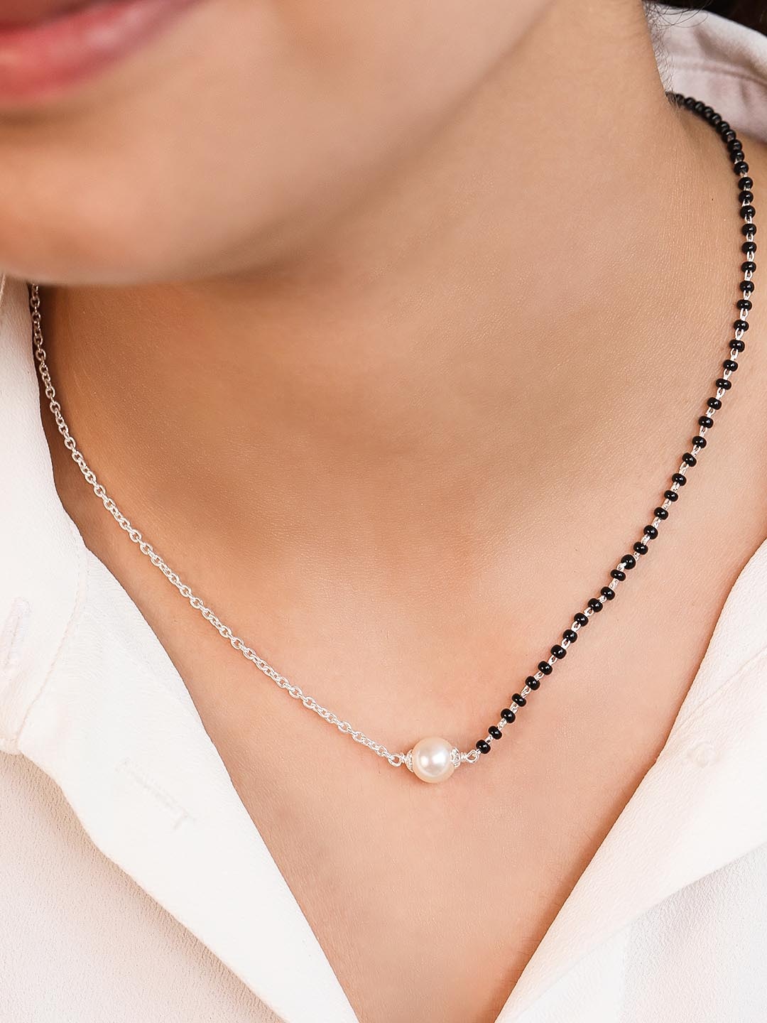 

Zavya Women Rhodium-Plated 925 Sterling Silver Beaded Mangalsutra