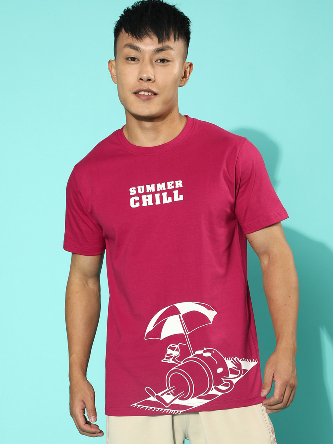 

VEIRDO Pink & white Graphic Printed Cotton T-Shirt