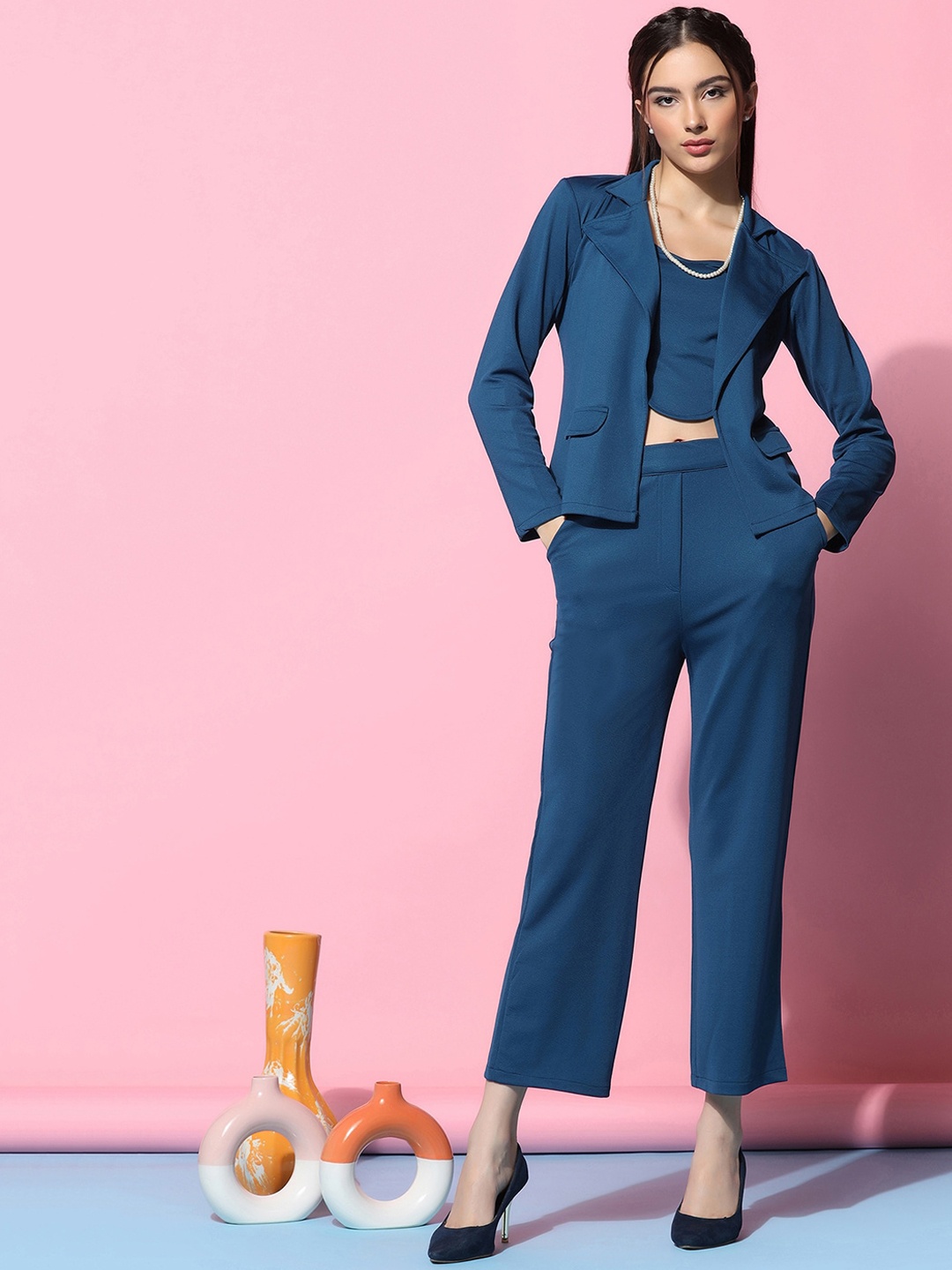 

Selvia Sweetheart Neck Crop Top & Trousers With Blazer Co-Ords, Blue