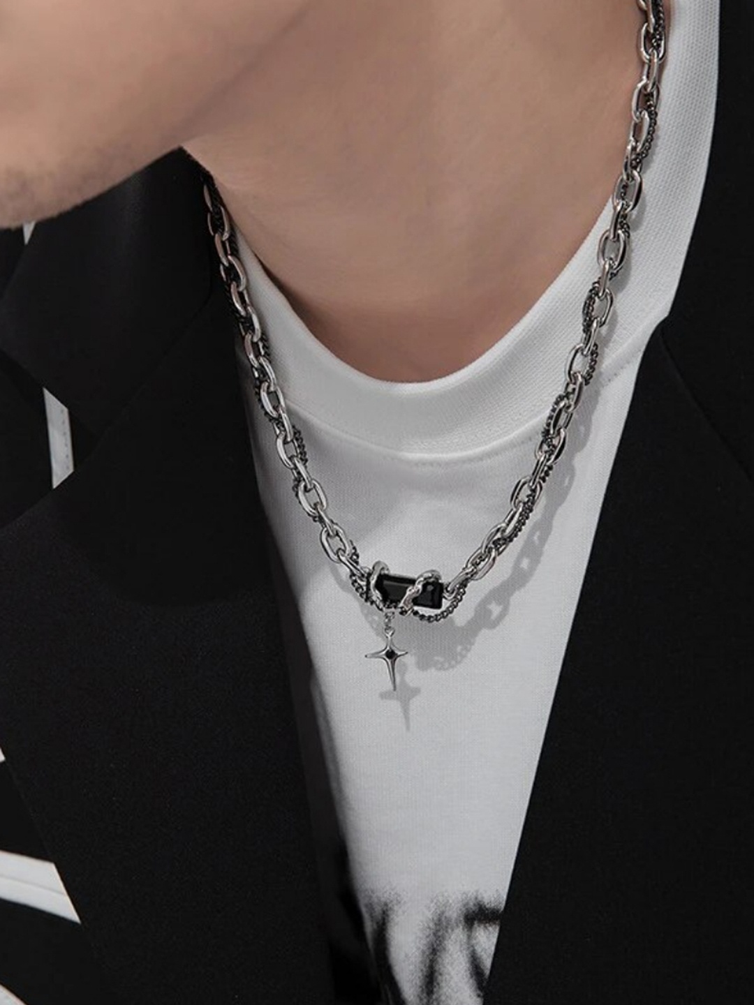 

SALTY Men Rugged Black Stainless Steel Pendant Locket Necklace, Silver