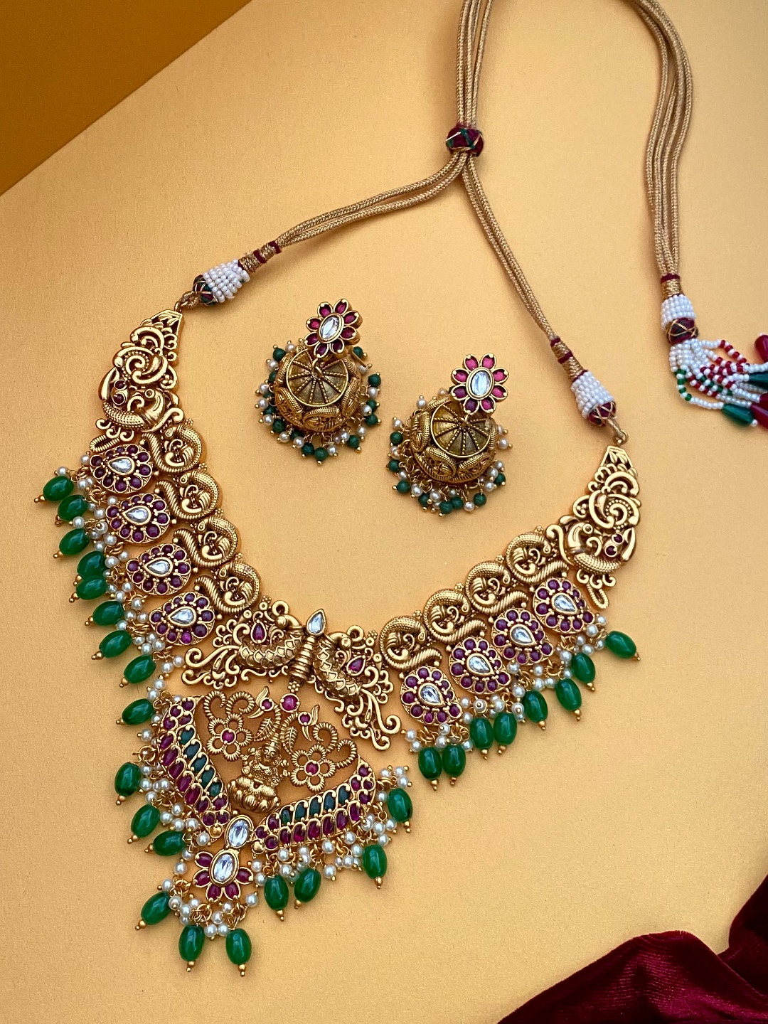 

Pihtara Jewels Gold-Plated Stone-Studded & Artificial Beaded Temple Jewellery Set
