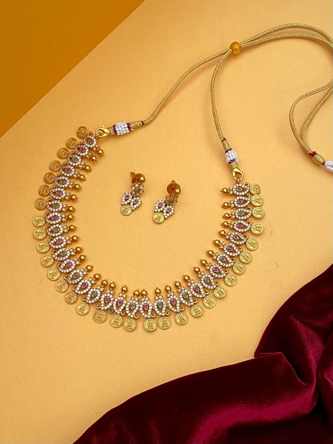 

Pihtara Jewels Gold-Plated CZ-Studded Temple Jewellery Set