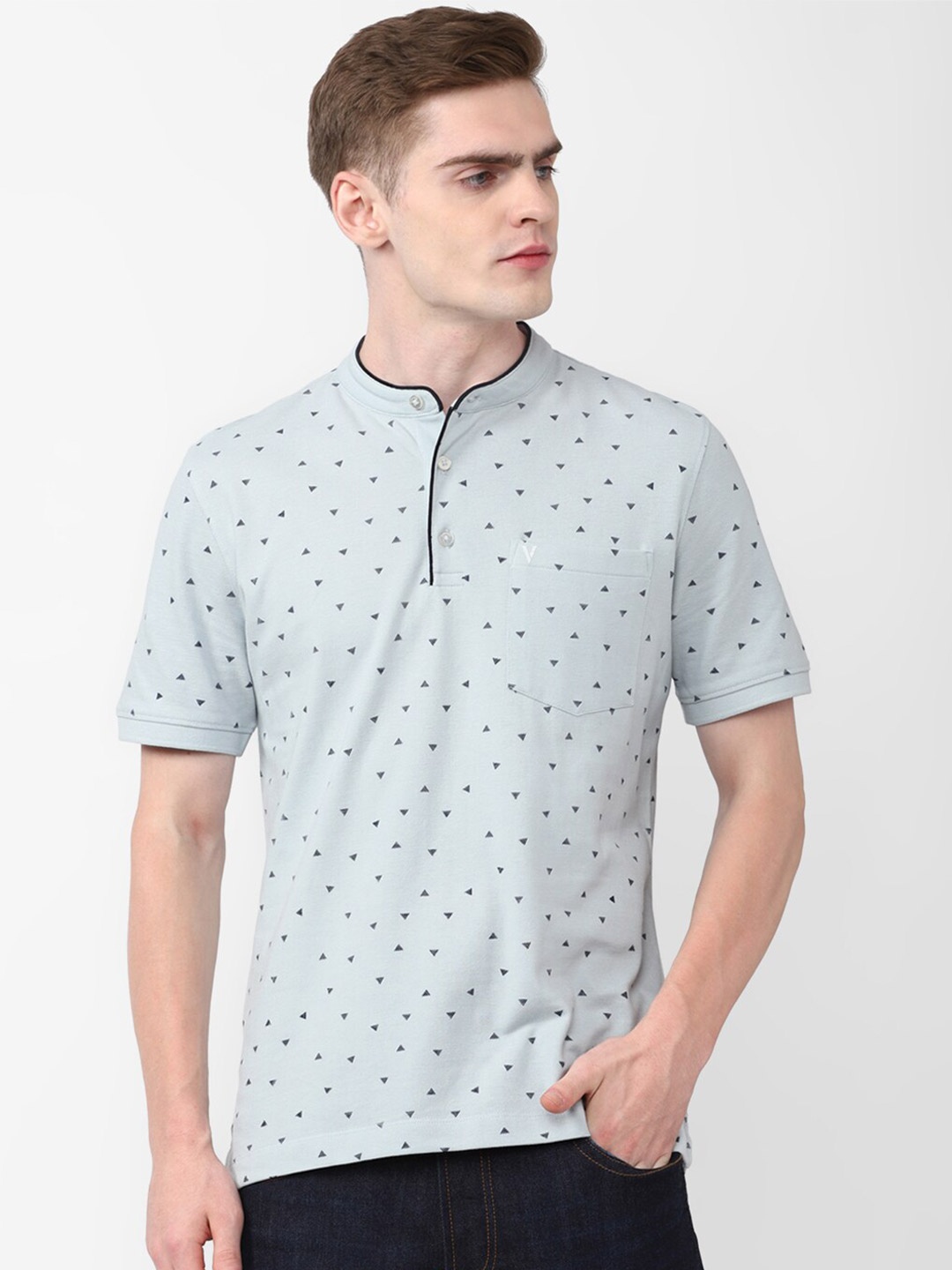 

Van Heusen Conversational Printed Mandarin Collar Pure Cotton T-Shirt, Blue
