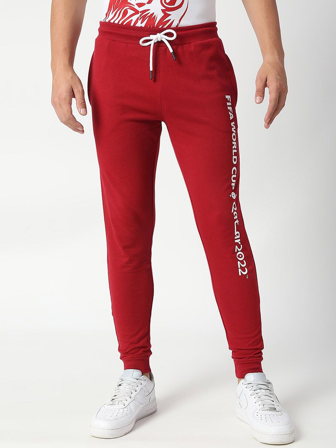 

FanCode Men Fifa World-Cup Qatar 2022 Printed Regular Fit Cotton Joggers, Red