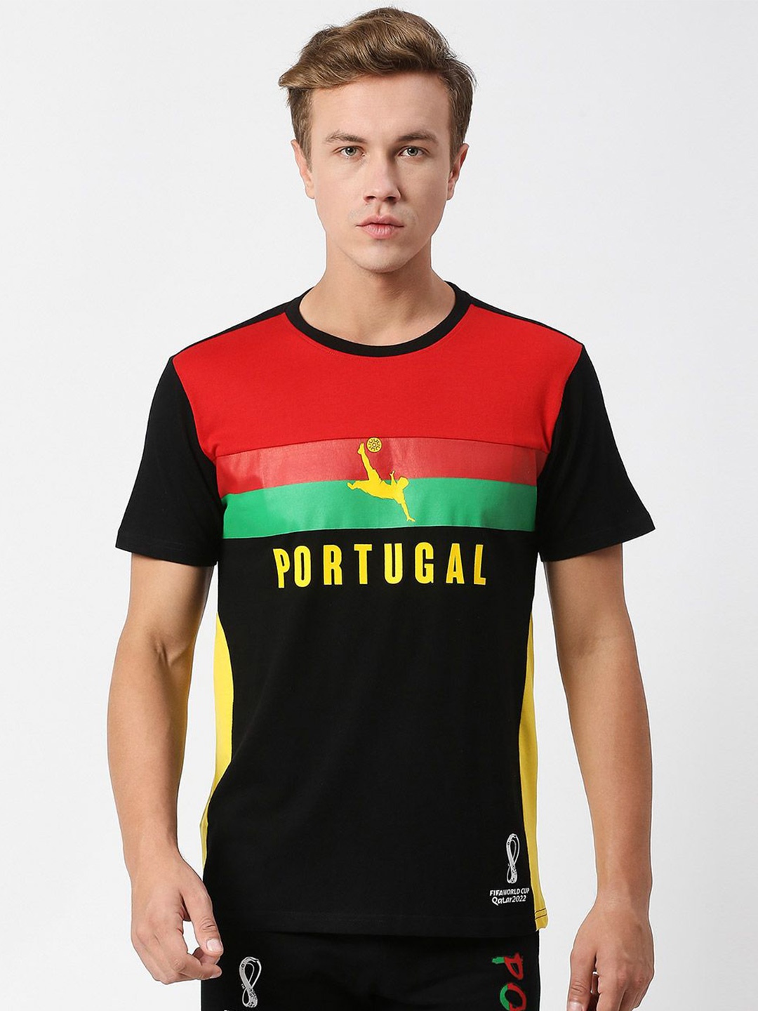 

FanCode Portugal FIFA World-Cup Colourblocked Cotton Bio Finish T-shirt, Black