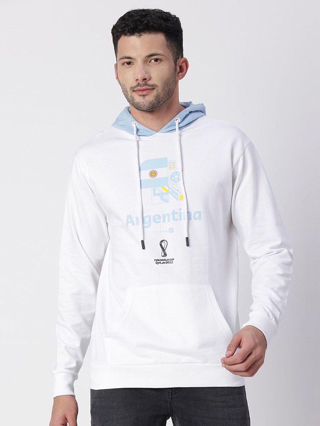 

FanCode Men Argentina FIFA WC'22 Printed Cotton Hooded Sweatshirt, White