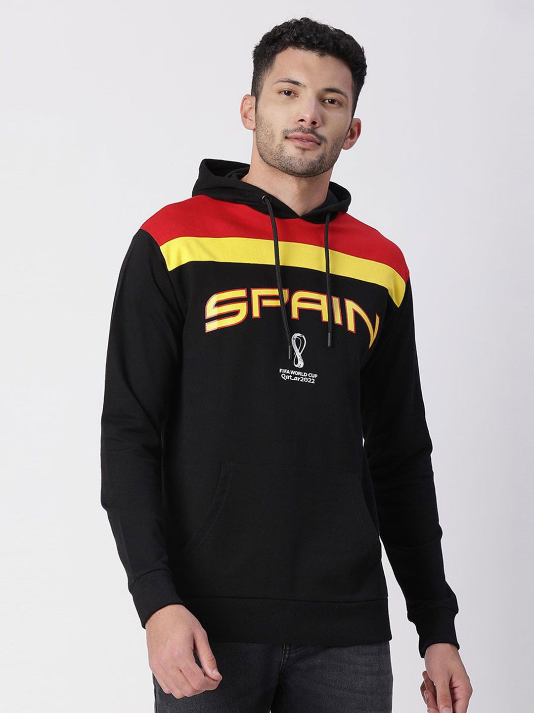 

FanCode Men Spain FIFA WC'22 Printed Cotton Hooded Sweatshirt, Black