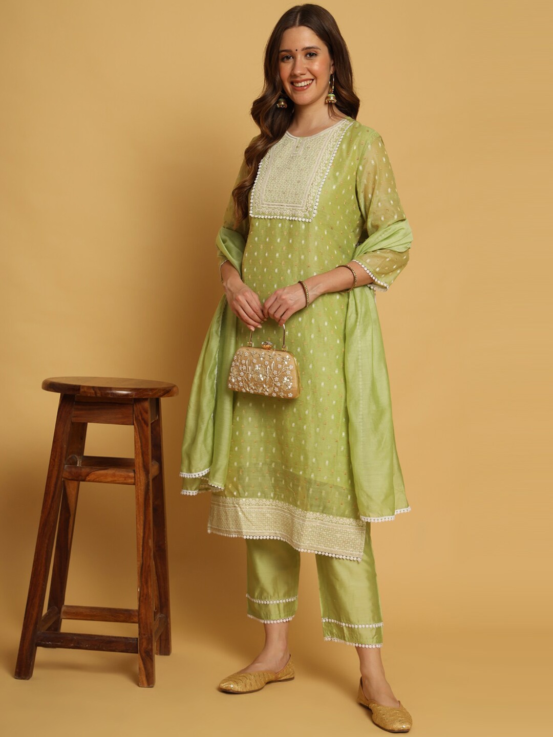 

SWAGG INDIA Woven Design Chanderi Silk Kurta With Trousers & With Dupatta, Green