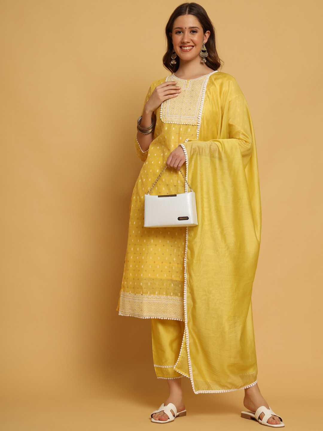 

SWAGG INDIA Ethnic Motifs Printed Sequined Kurta & Trousers With Dupatta, Yellow