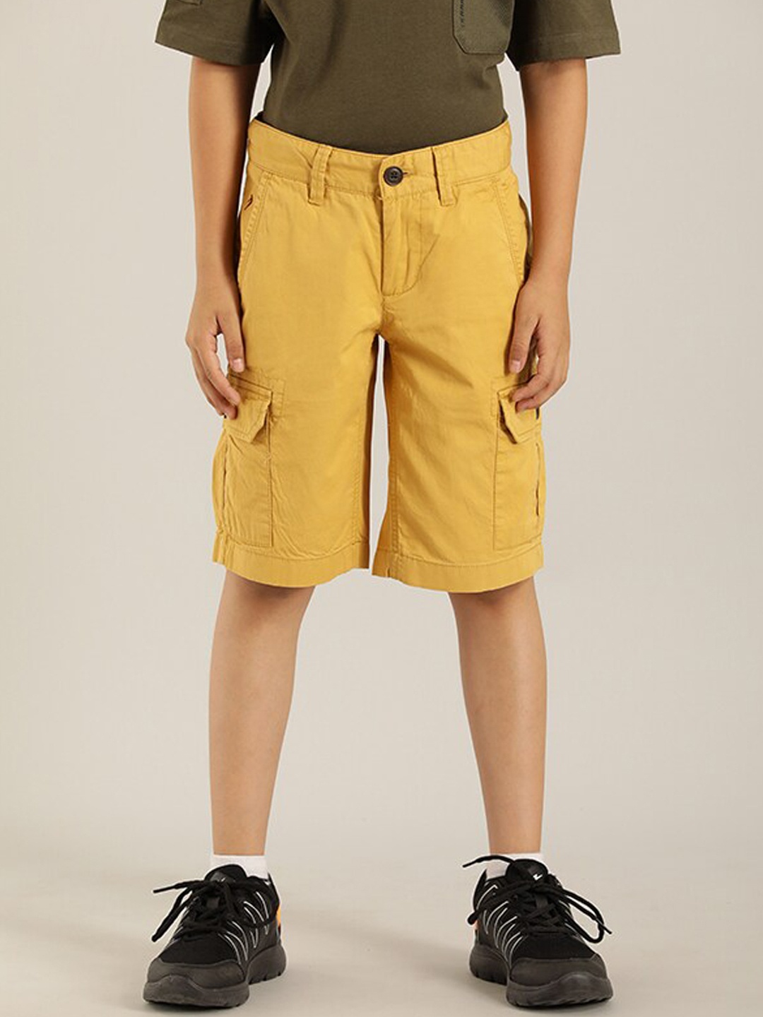 

Indian Terrain Boys Mid-Rise Pure Cotton Cargo Shorts, Mustard