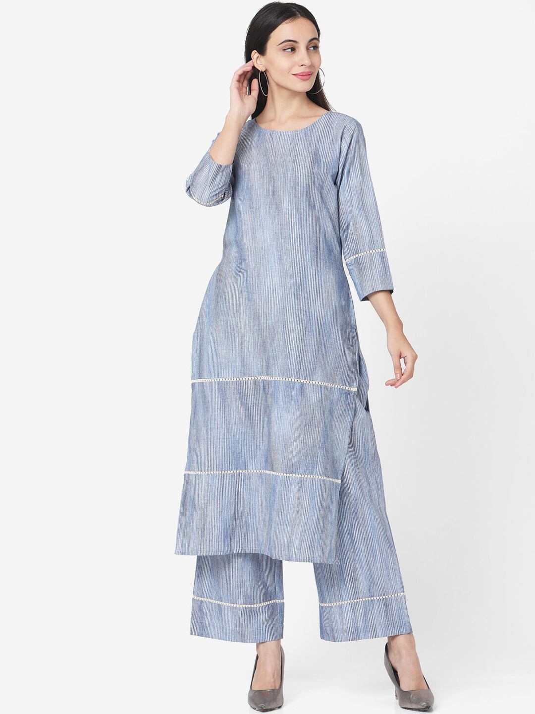 

Saanjh Blue Striped Regular Pure Cotton Kurta with Palazzos