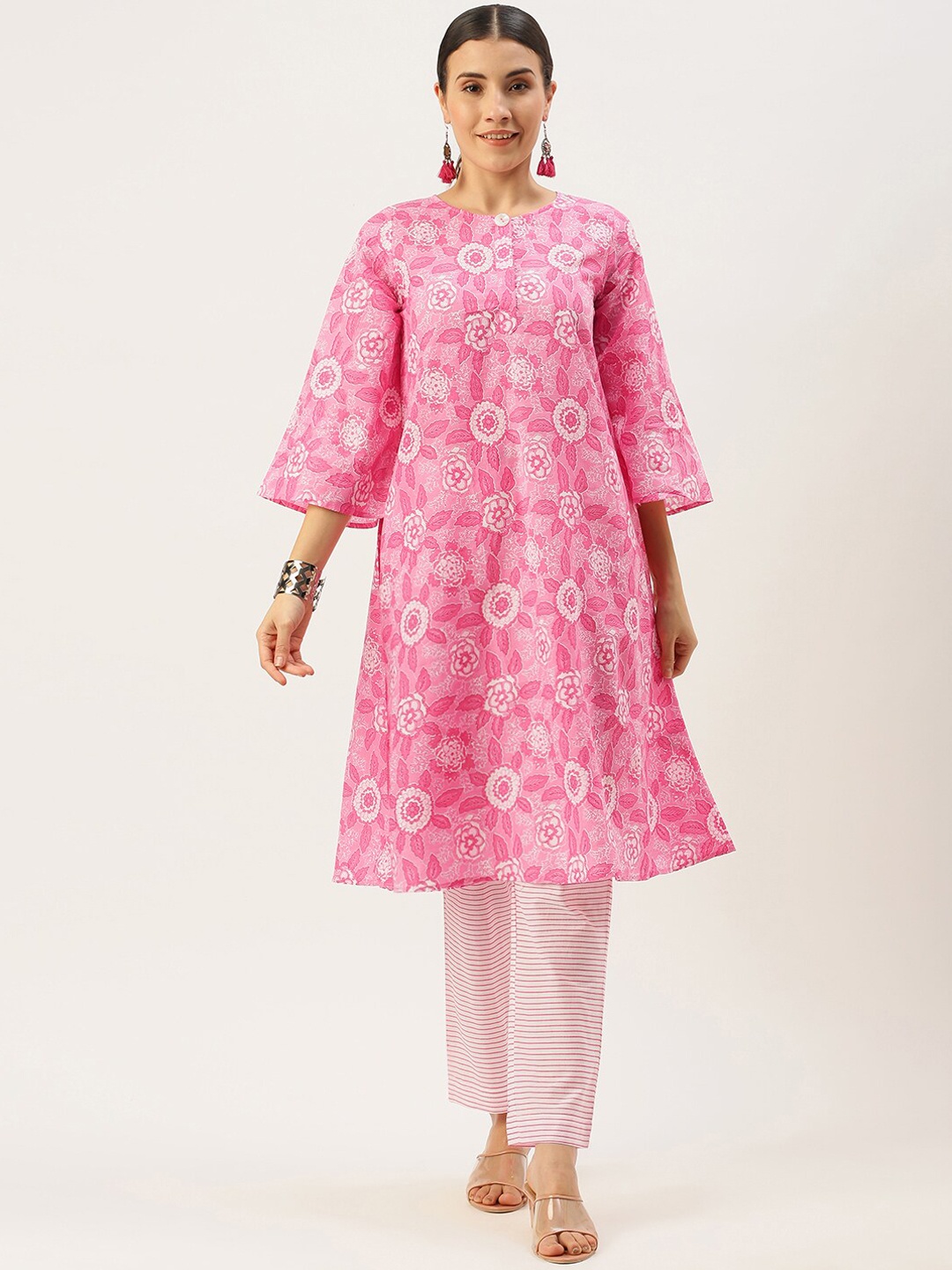 

Saanjh Floral Printed Pure Cotton A-line Kurta With Trousers, Pink