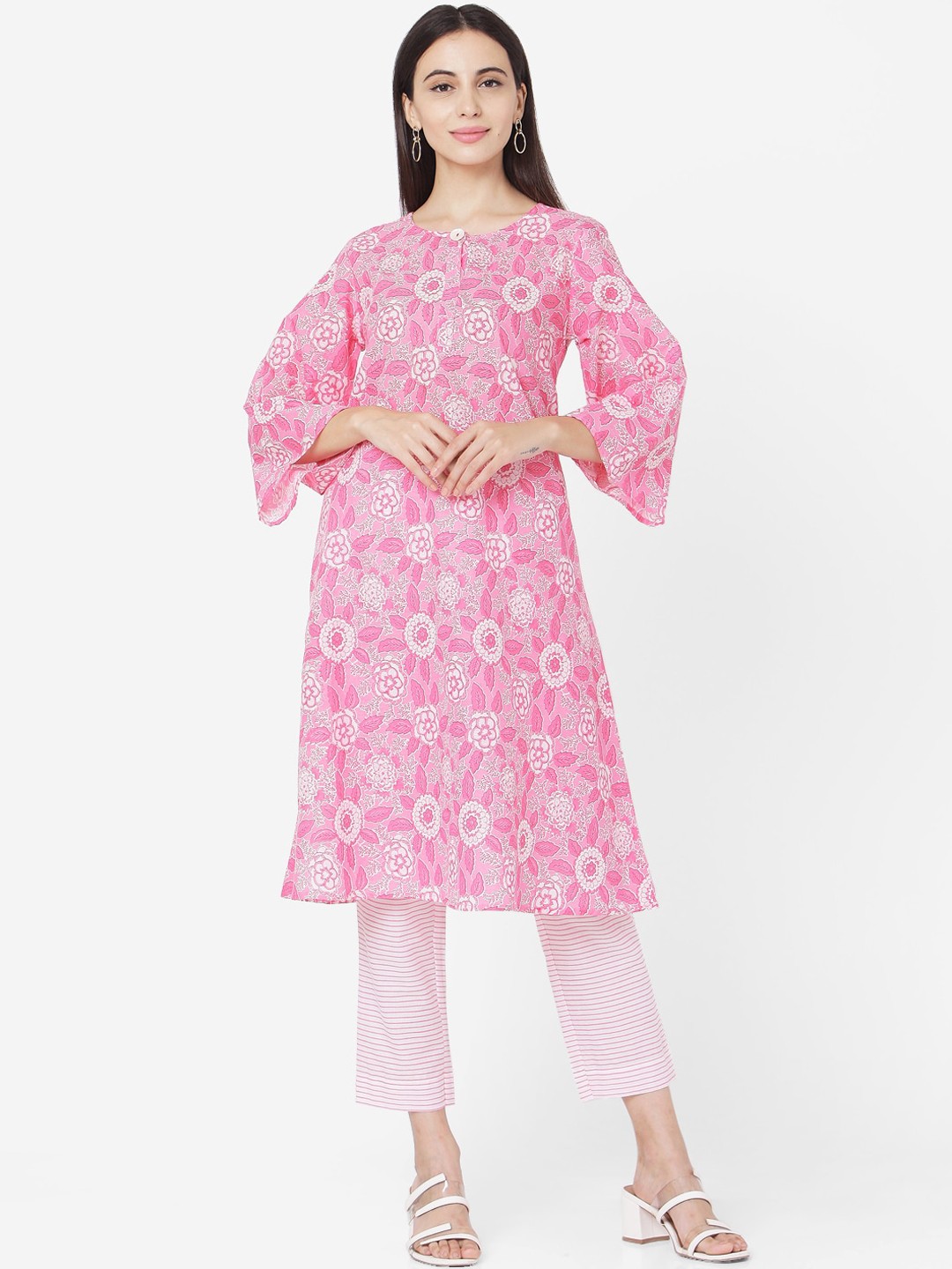 

Saanjh Floral Printed Regular Pure Cotton Kurta With Trousers, Pink