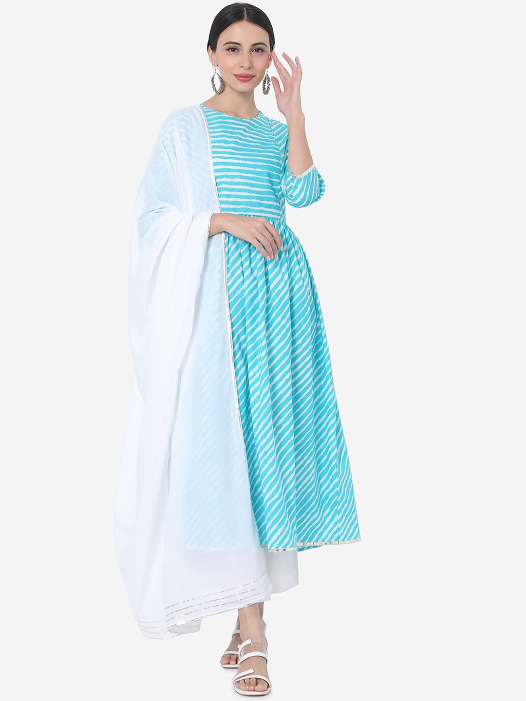 

Saanjh Blue Striped Regular A-Line Pure Cotton Kurta &Palazzos With Dupatta