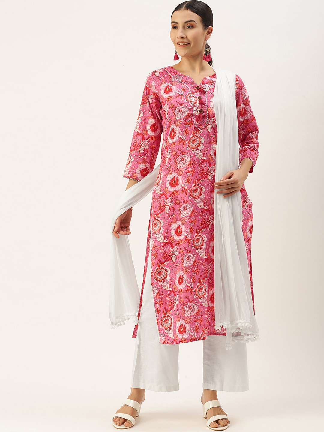 

Saanjh Pink & White Floral Printed Pure Cotton Kurta With Palazzos & Dupatta