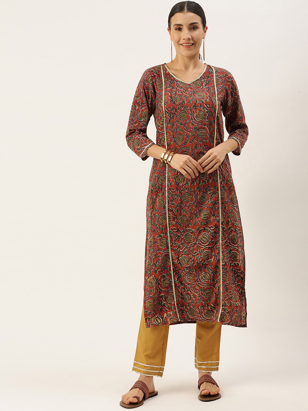 

Saanjh Red Floral Printed Pure Cotton Kurta with Palazzos