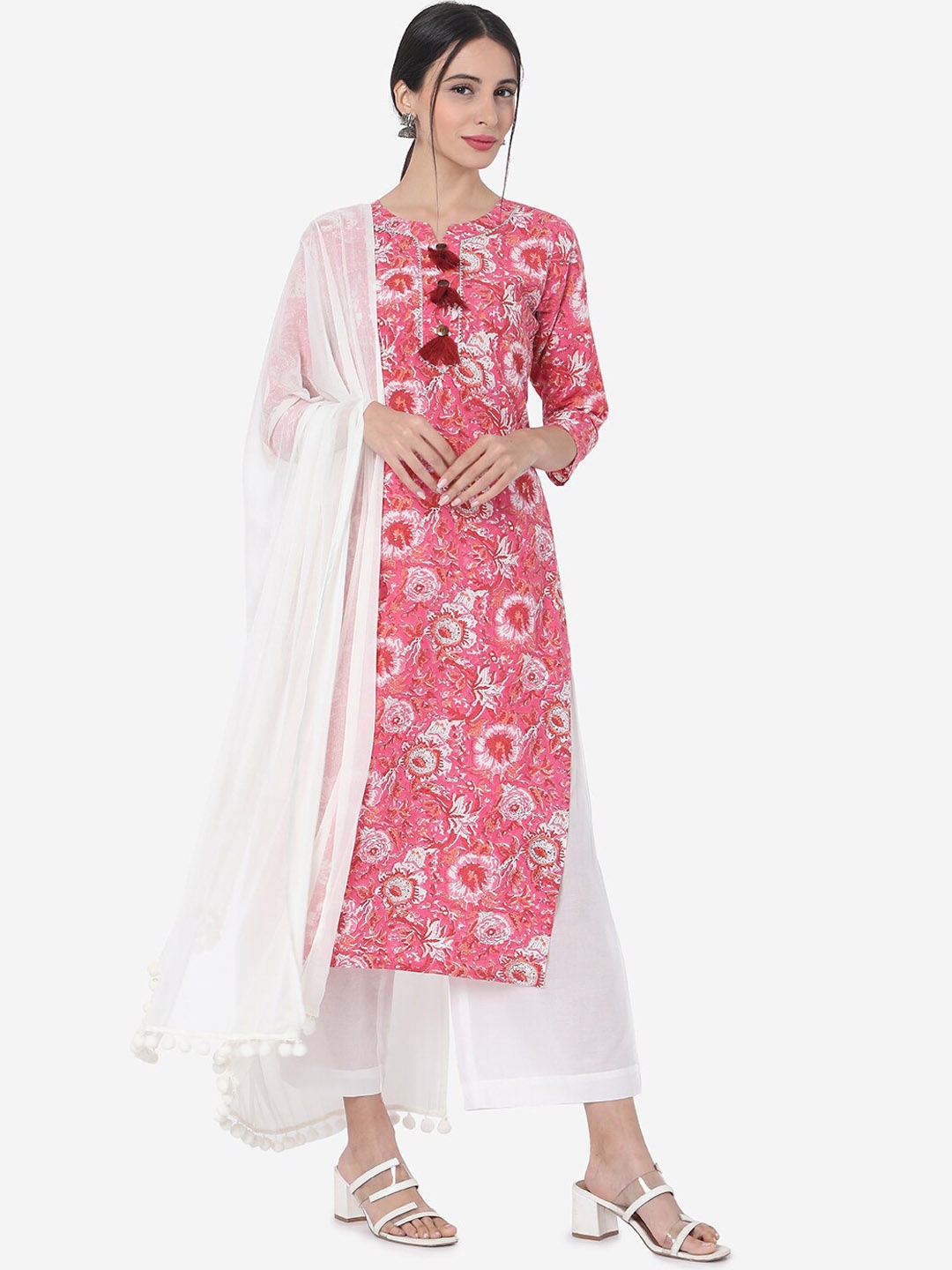 

KALINI Floral Printed Regular Straight Pure Cotton Kurta With Palazzos & Dupatta, Pink