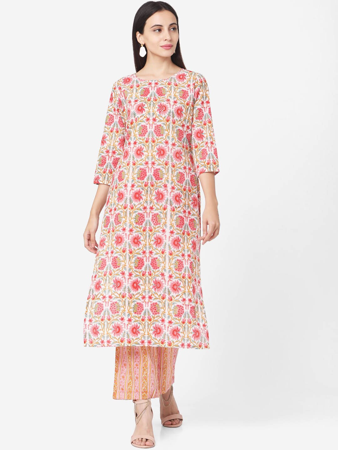 

Saanjh Floral Printed Pure Cotton Kurta With Palazzos, Pink