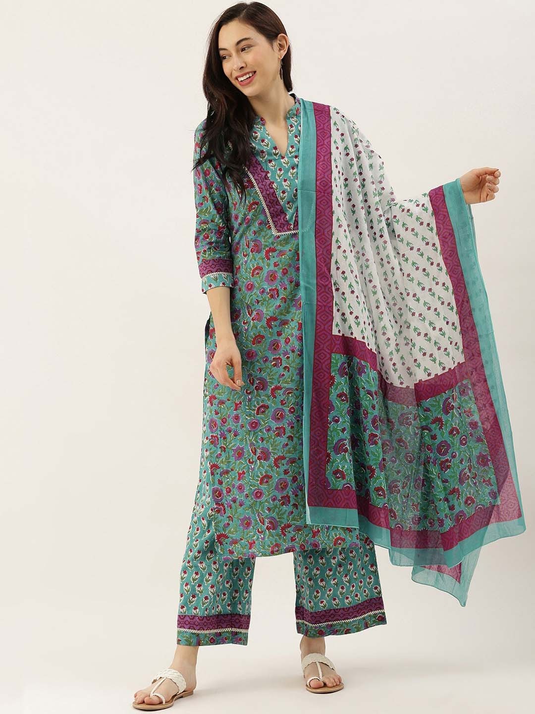 

KALINI Floral Printed Regular Pure Cotton Kurta with Palazzos & Dupatta, Green