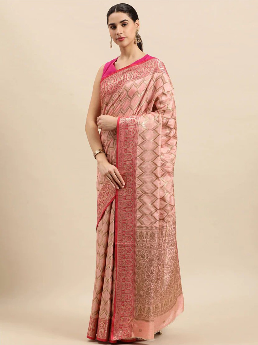 

Mitera Pink & Gold-Toned Ethnic Motifs Woven Design Zari Banarasi Saree