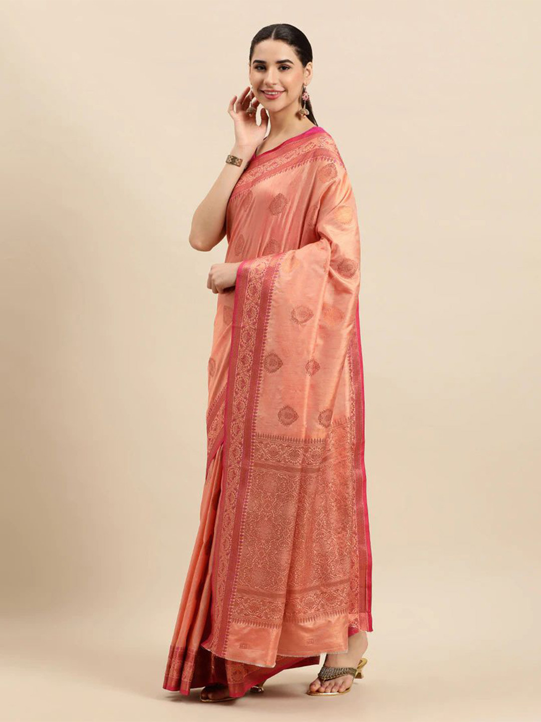 

Mitera Coral & Gold-Toned Ethnic Motifs Woven Design Banarasi Saree