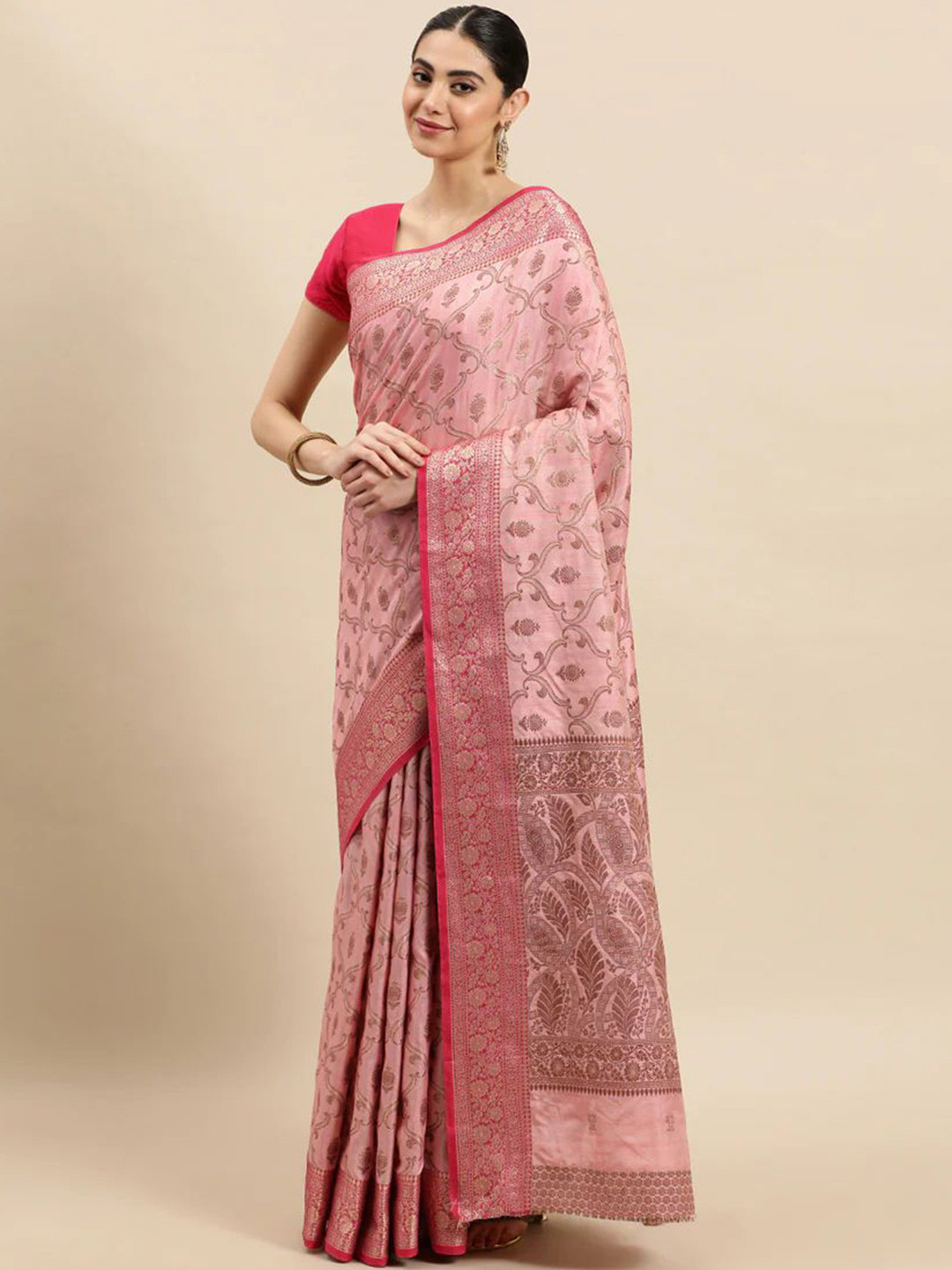 

Mitera Pink & Gold-Toned Ethnic Motifs Woven Design Zari Banarasi Saree