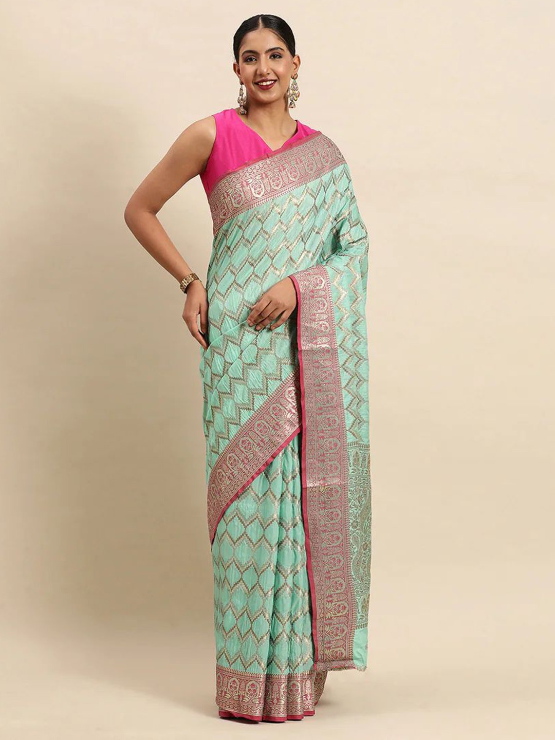 

Mitera Turquoise Blue & Pink Geometric Woven Design Zari Banarasi Saree