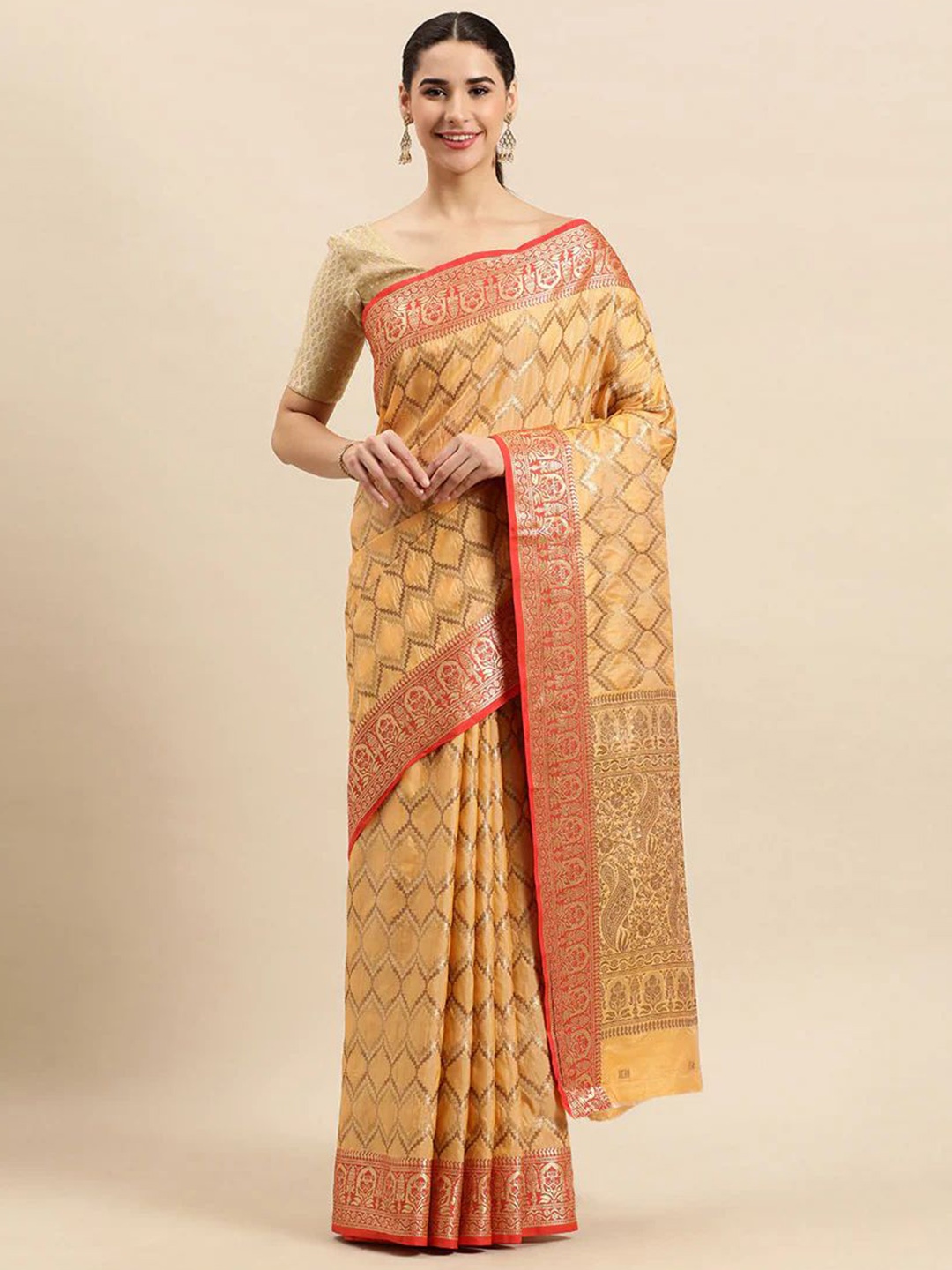 

Mitera Mustard & Pink Ethnic Motifs Woven Design Zari Banarasi Saree