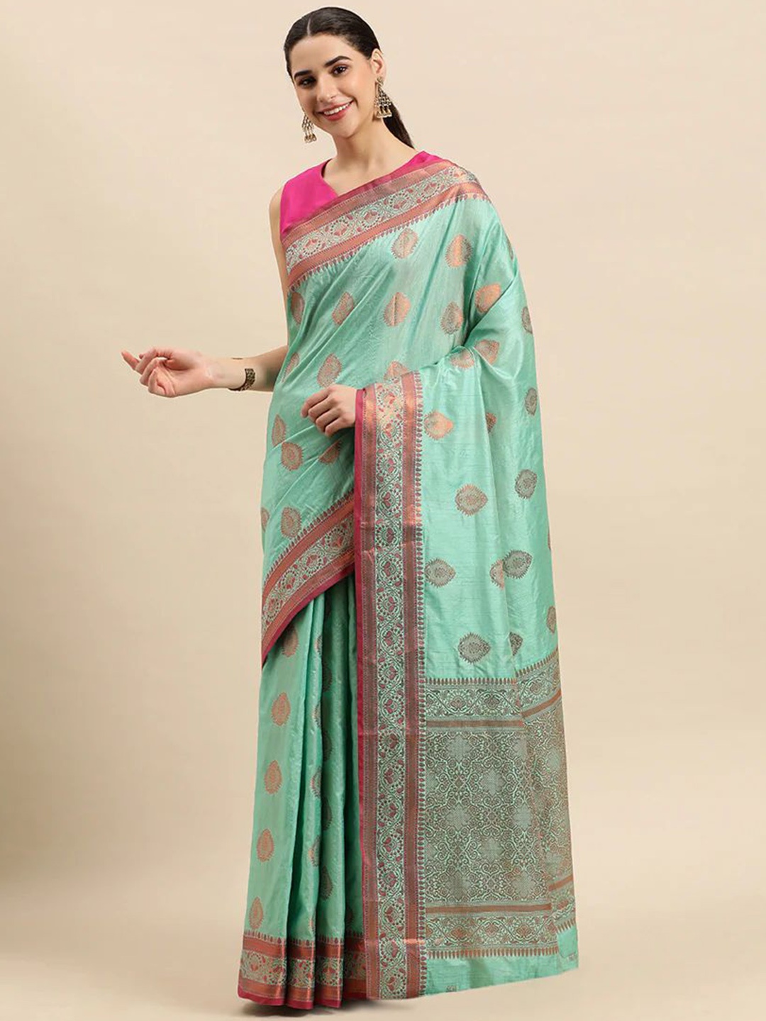 

Mitera Blue & Pink Ethnic Motifs Woven Design Zari Banarasi Saree