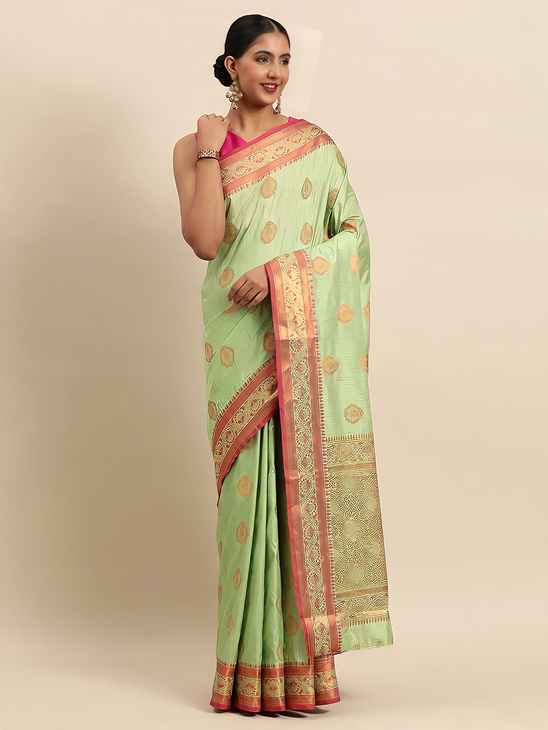 

Mitera Green & Red Ethnic Motifs Woven Design Zari Banarasi Saree