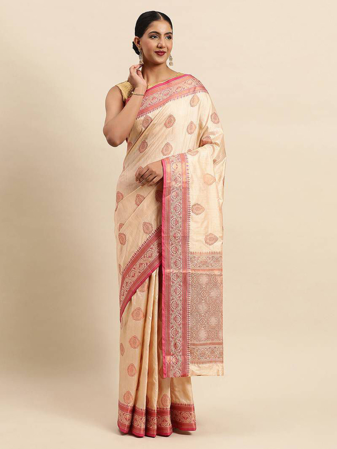 

Mitera Woven Design Zari Silk Blend Banarasi Saree, Cream