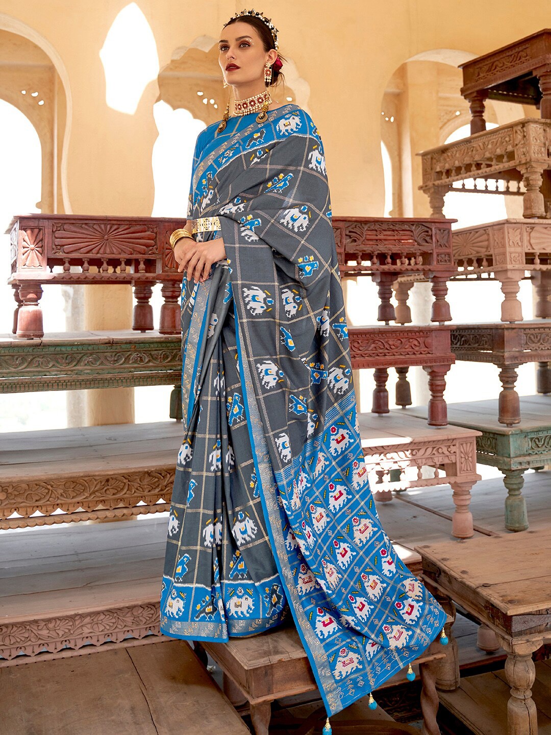 

Anouk Ethnic Motifs Zari Silk Blend Patola Saree, Grey