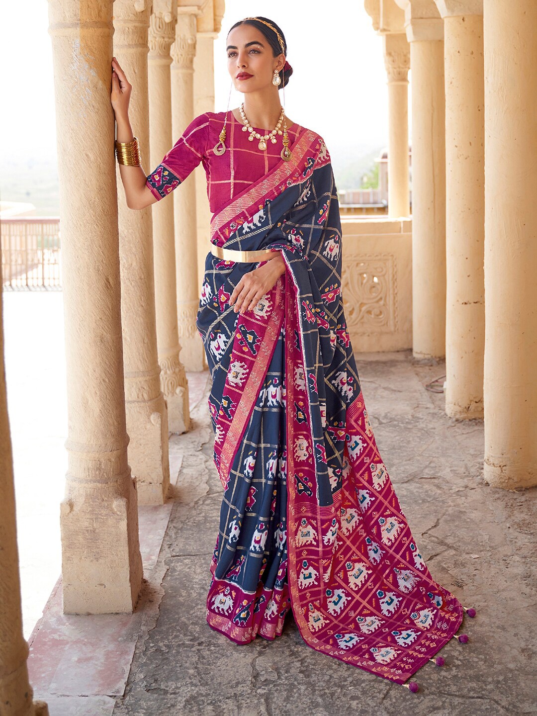 

Anouk Ethnic Motifs Zari Silk Blend Patola Saree, Navy blue