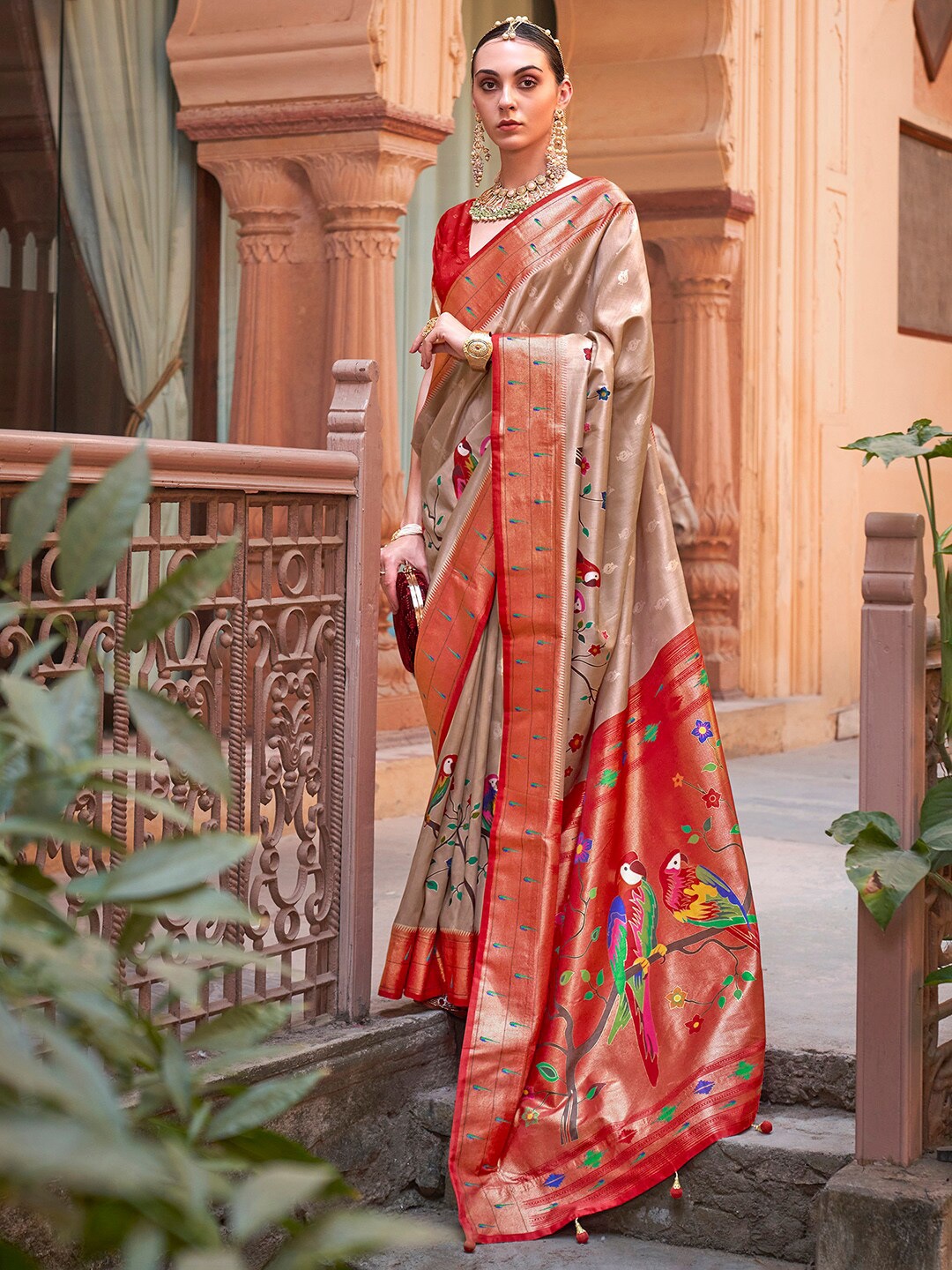 

Anouk Woven Design Zari Silk Blend Banarasi Saree, Cream