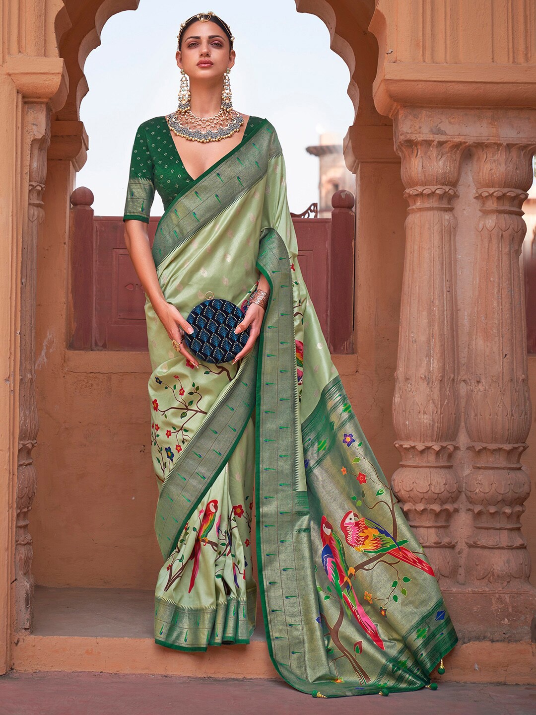 

Anouk Ethnic Motifs Zari Silk Blend Banarasi Saree, Green