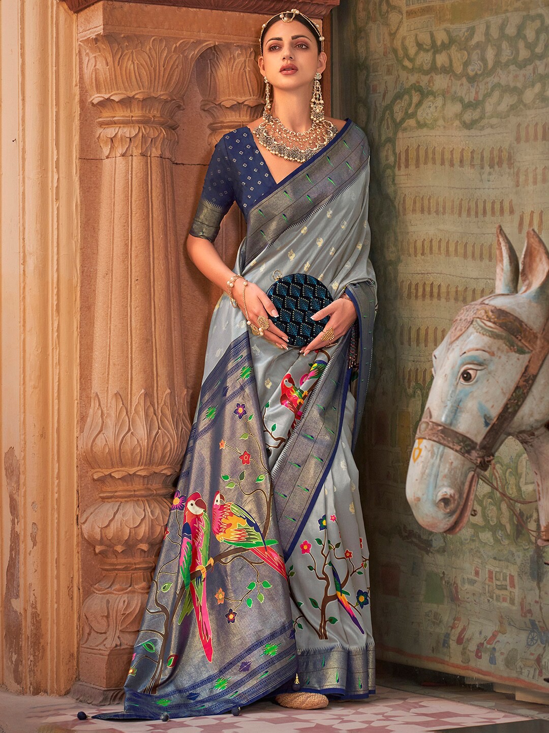 

Anouk Woven Design Zari Silk Blend Banarasi Saree, Grey