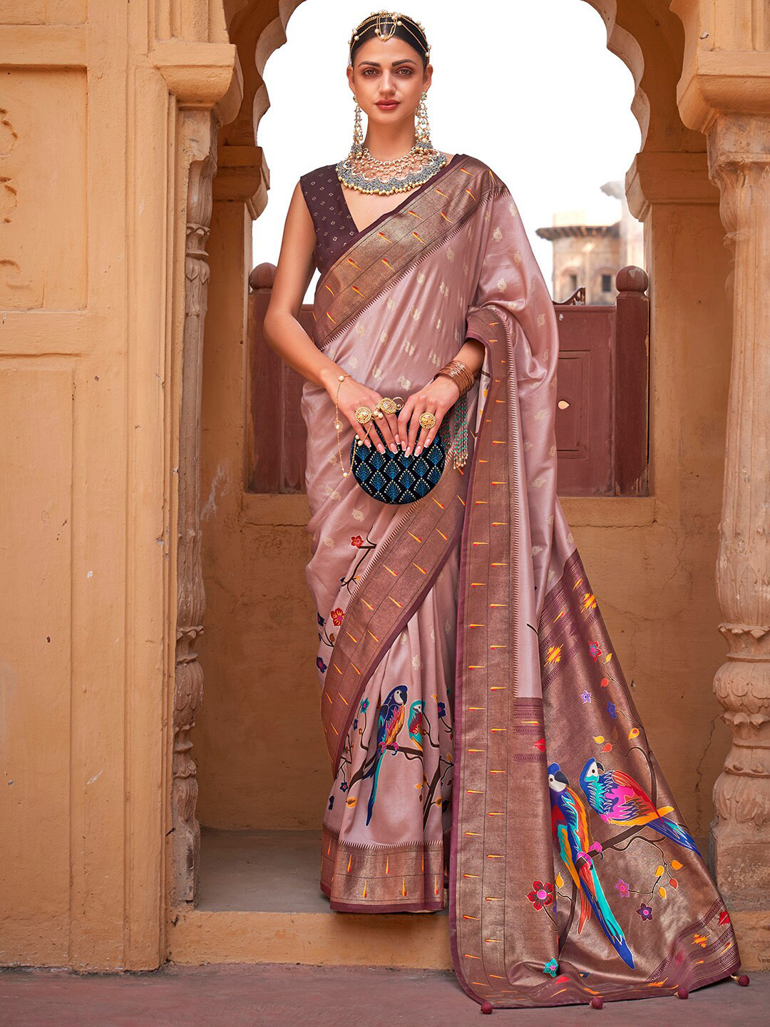 

Anouk Ethnic Motifs Zari Silk Blend Banarasi Saree, Brown