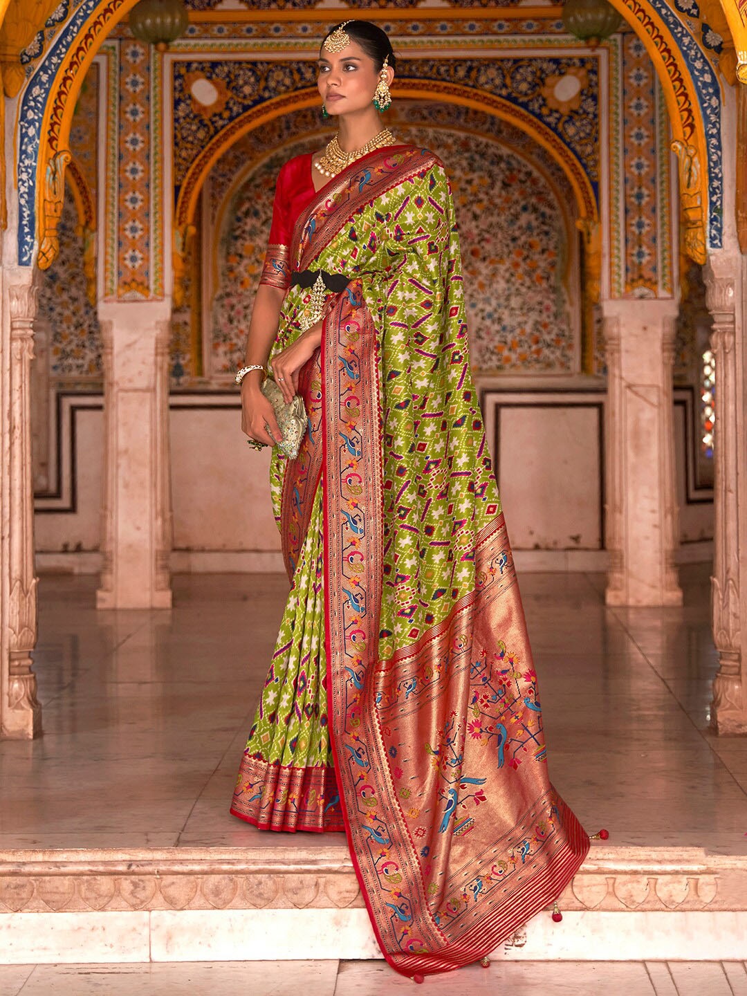 

Anouk Green & Red Ethnic Motifs Printed Zari Banarasi Saree