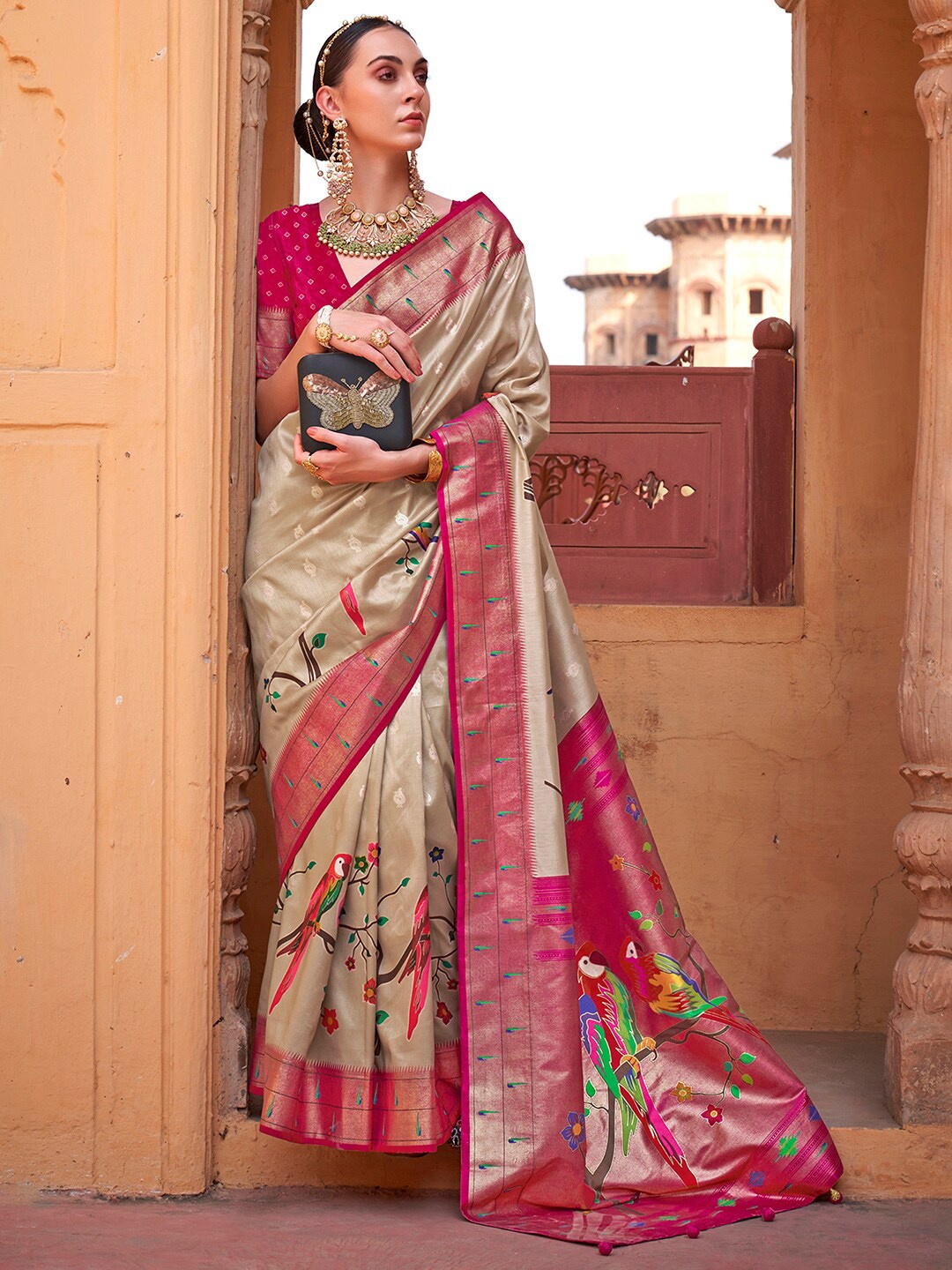 

Anouk Beige & Pink Ethnic Motifs Printed Banarasi Saree