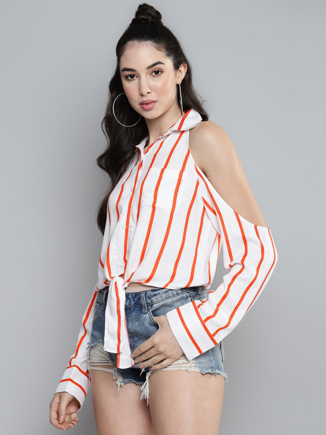 

Kook N Keech White & Orange Striped Cold-Shoulder Sleeves Cotton Top
