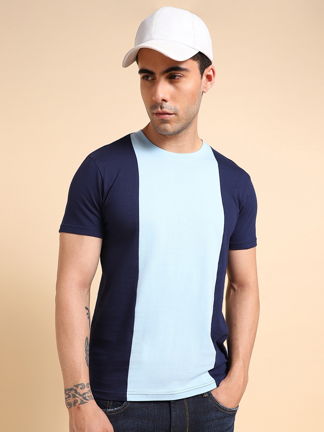 

Dennis Lingo Colourblocked Pure Cotton Slim Fit T-shirt, Navy blue