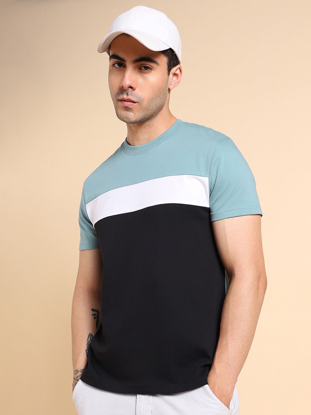 

Dennis Lingo Colourblocked Pure Cotton Slim Fit T-shirt, Sea green
