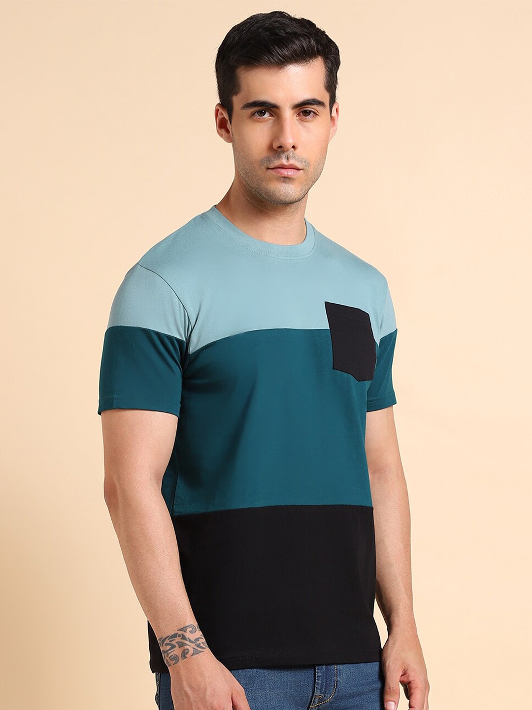 

Dennis Lingo Colourblocked Pure Cotton Slim Fit T-shirt, Teal