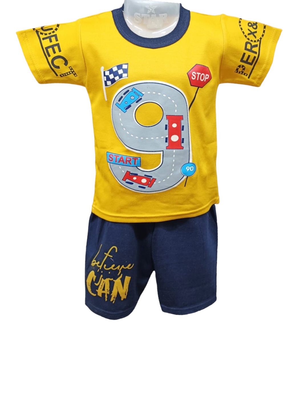 

CELEBRITY CLUB Boys Mustard & Black Printed T-shirt with Shorts