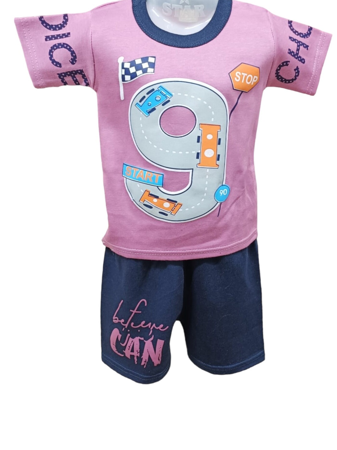 

CELEBRITY CLUB Boys Purple & Blue Printed T-shirt with Shorts