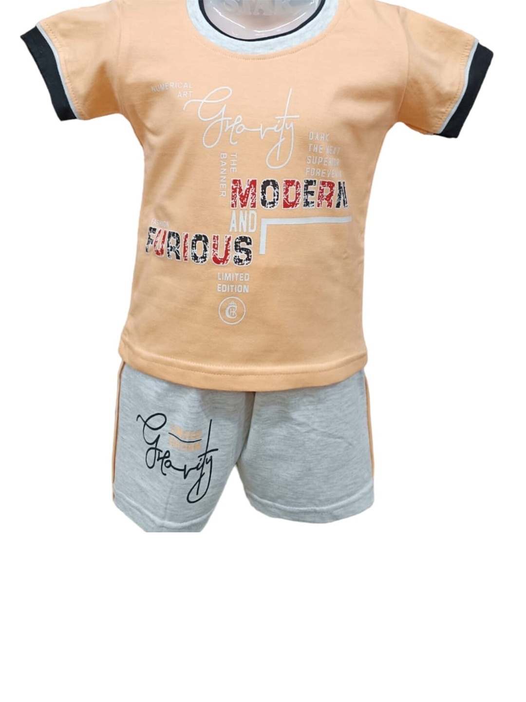 

CELEBRITY CLUB Boys Peach-Coloured & Grey Printed T-shirt with Shorts