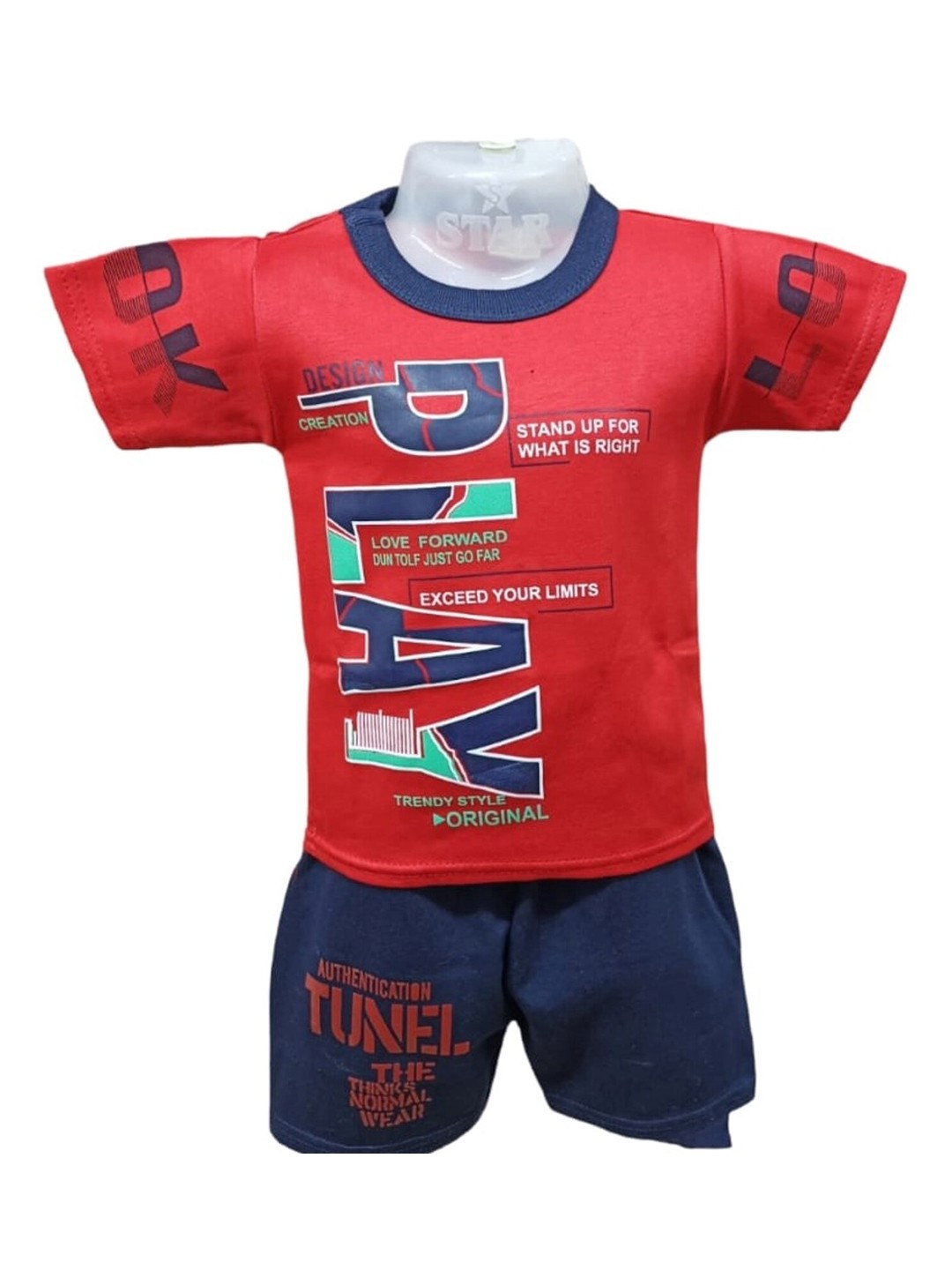 

CELEBRITY CLUB Boys Red & Blue Printed T-shirt with Shorts